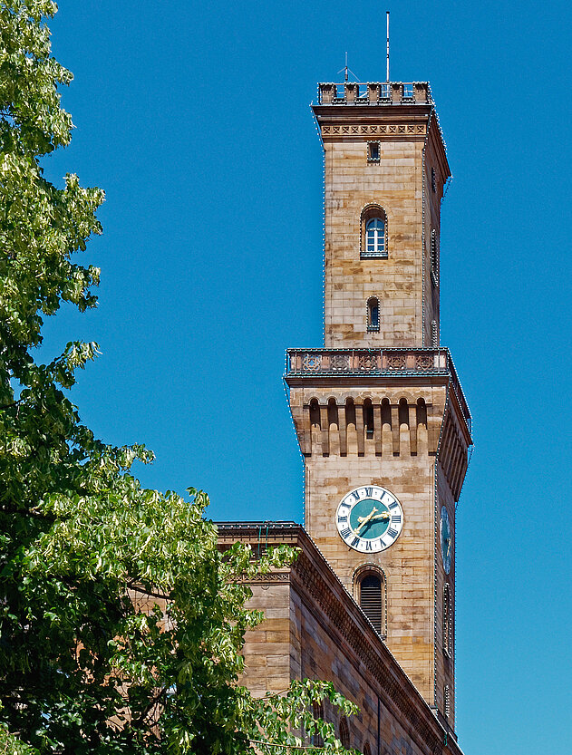 Rathaus Fürth hinter grünen Bäumen